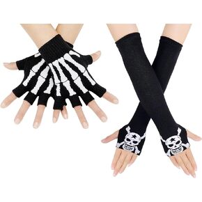 Bienvenu Halloween Skeleton Skull Fingerless Stretch Knitted Gloves Winter Hand Warmer