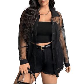 MakeMeChic Women's Plus Size Sheer Mesh Long Sleeve Button Down Shirt Blouse