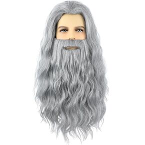 Grey Wizard Wig and Beard for Men Long Gray Beard Wig Set for Mens Halloween Costume Cosplay Party (Grey)