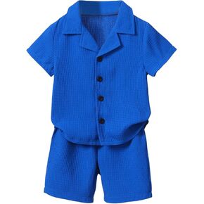 Boy's 2 Piece Outfits Waffle Knit Short Sleeve Lapel Button Down Shirts Tops and Track Shorts Set