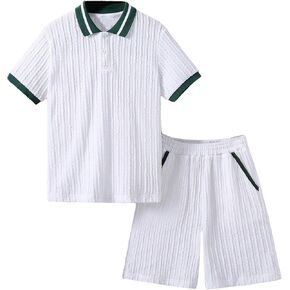 Verdusa Boy's 2 Piece Outfit Button Front Short Sleeve Textured Top and Shorts Sets