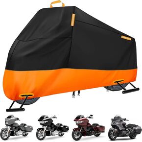 Motorcycle Cover Waterproof Outdoor, 300D Heavy Duty Motorcycle Cover for Harley Davidson Electra Glide Ultra Limited CVO Road Street Glide Gold Wing, All Seasons Protection Fits up to 116"