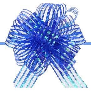 MECCANIXITY 5pcs 4 Inch Organza Large Pull Bow Metallic Gift Wrapping Bows Ribbon Chiffon Yarn Blue for Wedding Presents Baskets Christmas