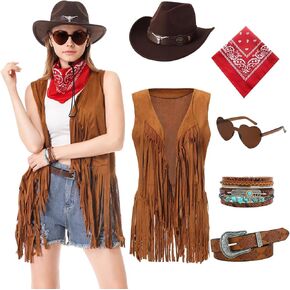 Western Outfit for Women Cowgirl Costume Adult Western Cowgirl Tassels Fringe Vest with Hat Belt Bandana Bracelet