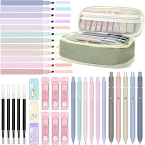 Hifunwu 38 PCS Aesthetic School Supplies with Big Pen Case, 5 Black Ink Gel Pens, 12 Pastel Highlighters, 6 Mechanical Pencils Set 0.5 & 0.7 mm for Back to School College High School