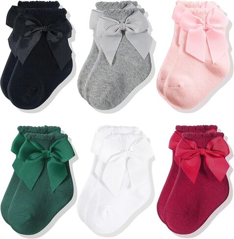 جوارب CozyWay للفتيات الصغيرات للكاحل على شكل فيونكة جوارب قطنية للأطفال الرضع 6 أزواج للفتيات in Kuwait