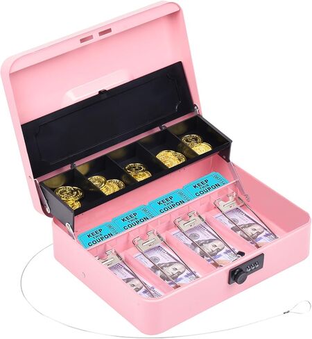 صندوق نقود مع غطاء صينية للعملات المعدنية وقفل مجمع - وردي in Kuwait