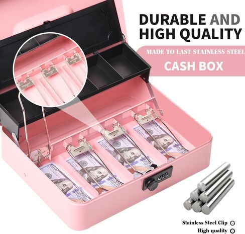 صندوق نقود مع غطاء صينية للعملات المعدنية وقفل مجمع - وردي in Kuwait