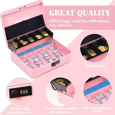 صندوق نقود مع غطاء صينية للعملات المعدنية وقفل مجمع - وردي in Kuwait