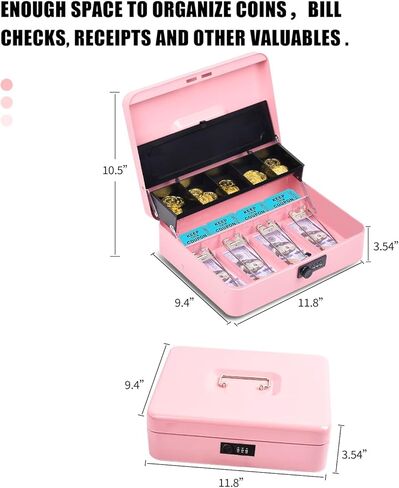 صندوق نقود مع غطاء صينية للعملات المعدنية وقفل مجمع - وردي in Kuwait