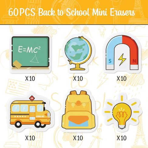 60PCS Back to School Mini Erasers - Bulk Cute Pencil Erasers for Kids Including School Bus Schoolbag Lamp Bulb Pattern for School Supplies Classroom Prizes Student Homework Rewards in Saudi Arabia