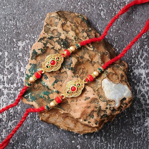 راخي للأخ - مجموعة من 2 مع بطاقة تهنئة، راخي هندي تقليدي لمصمم راكشا باندهان، خيط راخي لتصميم بهايا 5 in Kuwait