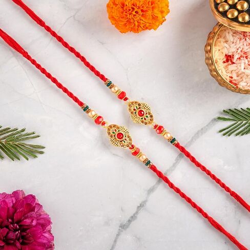 راخي للأخ - مجموعة من 2 مع بطاقة تهنئة، راخي هندي تقليدي لمصمم راكشا باندهان، خيط راخي لتصميم بهايا 5 in Kuwait