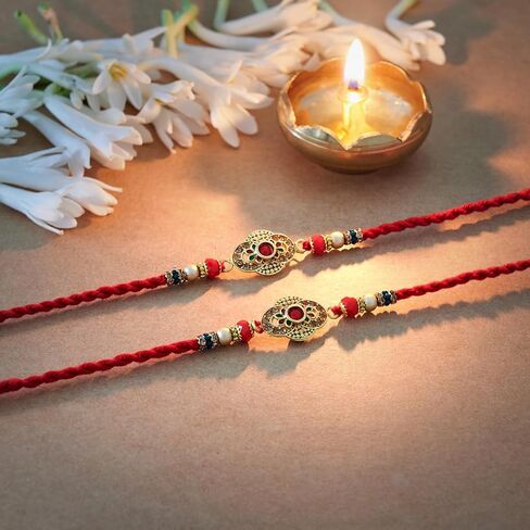 راخي للأخ - مجموعة من 2 مع بطاقة تهنئة، راخي هندي تقليدي لمصمم راكشا باندهان، خيط راخي لتصميم بهايا 5 in Kuwait