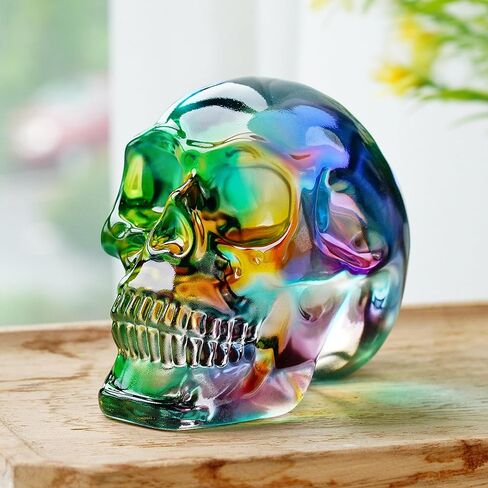 hdcrystalgifts 3 بوصة متعدد الألوان تمثال جمجمة كريستال لديكور المنزل، هدية الديكور جمجمة الهالوين، فن النحت الهيكل العظمي الزجاجي، يوم الجماجم الميتة in Kuwait