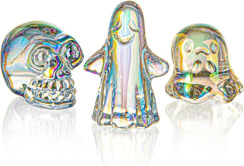 hdcrystalgifts 3 بوصة متعدد الألوان تمثال جمجمة كريستال لديكور المنزل، هدية الديكور جمجمة الهالوين، فن النحت الهيكل العظمي الزجاجي، يوم الجماجم الميتة in Kuwait