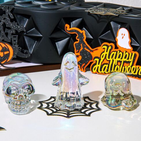 hdcrystalgifts 3 بوصة متعدد الألوان تمثال جمجمة كريستال لديكور المنزل، هدية الديكور جمجمة الهالوين، فن النحت الهيكل العظمي الزجاجي، يوم الجماجم الميتة in Kuwait
