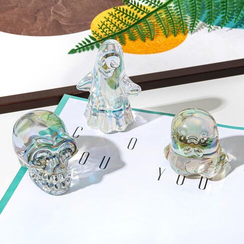 hdcrystalgifts 3 بوصة متعدد الألوان تمثال جمجمة كريستال لديكور المنزل، هدية الديكور جمجمة الهالوين، فن النحت الهيكل العظمي الزجاجي، يوم الجماجم الميتة in Kuwait