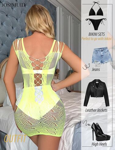 Womens Lingerie Fishnet Dress Mesh Badydoll Fishnet Bodysuit See Through Chemise Cut Out Mini Dress in Saudi Arabia