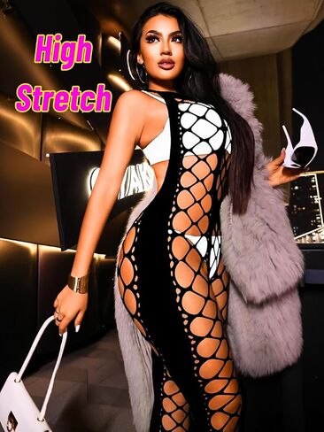 Fishnet Jumpsuit For Women, Cutout Sheer Mesh Stocking, Sexy Backless Date Night Outfit Club Rave, Fits 0-14 in Saudi Arabia