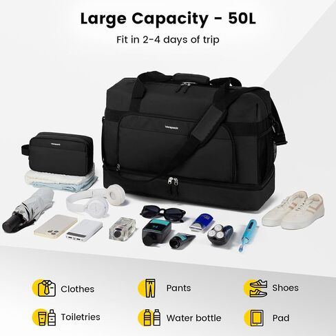 Vorspack Duffle Bag for Travel - 50L Travel Duffel Bags with Toiletry Bag Large Gym Bags for Men Sports Overnight Weekender Bag with Shoe Compartment - Black in Saudi Arabia