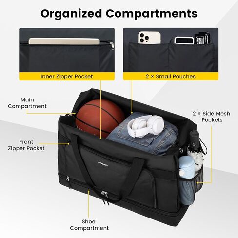 Vorspack Duffle Bag for Travel - 50L Travel Duffel Bags with Toiletry Bag Large Gym Bags for Men Sports Overnight Weekender Bag with Shoe Compartment - Black in Saudi Arabia