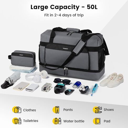 حقيبة Vorspack Duffle للسفر - حقائب سفر من القماش الخشن سعة 50 لترًا مع حقيبة أدوات الزينة وحقائب رياضية كبيرة للرجال وحقيبة عطلة نهاية الأسبوع الرياضية مع حجرة للأحذية - أسود in Kuwait