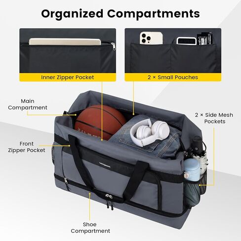 حقيبة Vorspack Duffle للسفر - حقائب سفر من القماش الخشن سعة 50 لترًا مع حقيبة أدوات الزينة وحقائب رياضية كبيرة للرجال وحقيبة عطلة نهاية الأسبوع الرياضية مع حجرة للأحذية - أسود in Kuwait