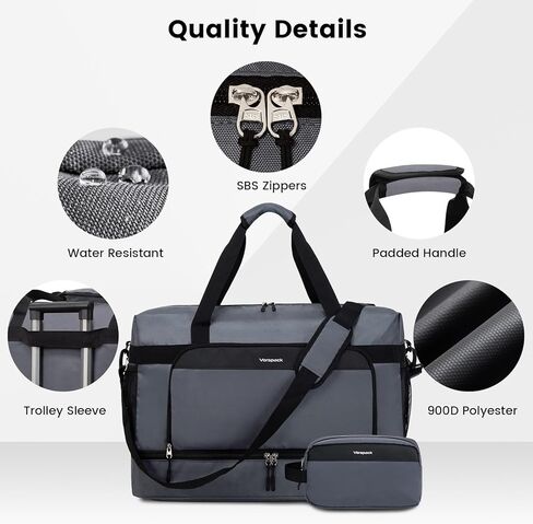 حقيبة Vorspack Duffle للسفر - حقائب سفر من القماش الخشن سعة 50 لترًا مع حقيبة أدوات الزينة وحقائب رياضية كبيرة للرجال وحقيبة عطلة نهاية الأسبوع الرياضية مع حجرة للأحذية - أسود in Kuwait