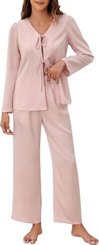 Blooming Jelly Women Silk Pajamas Set 2 Piece Lounge Sets Long Sleeve with Tie Front Satin PJ Sleepwear in Saudi Arabia