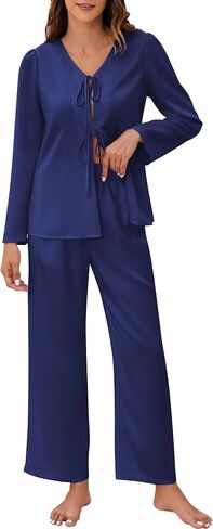 Blooming Jelly Women Silk Pajamas Set 2 Piece Lounge Sets Long Sleeve with Tie Front Satin PJ Sleepwear in Saudi Arabia