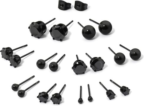 Set of 10 Pair Stud Earrings Stainless Steel Round Ball & Black Cubic Zirconia Black Tone in Kuwait