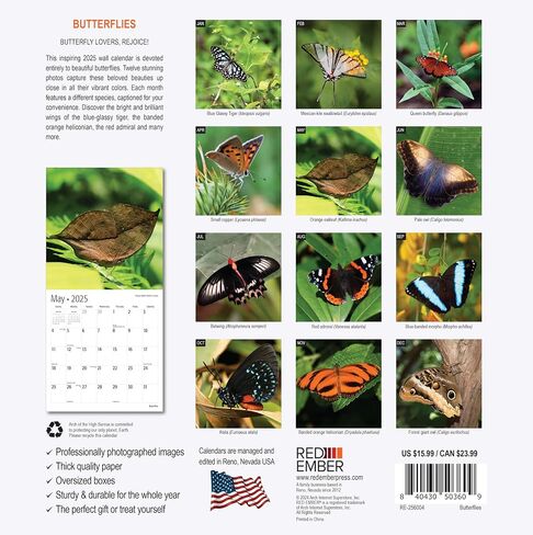 RED EMBER Butterflies 2025 Hangable Monthly Wall Calendar | 12" x 24" Open | Thick & Sturdy Paper | Giftable | Beautiful Garden Nature in Kuwait