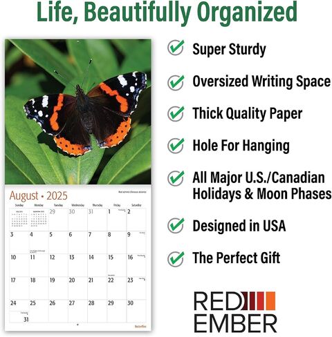 RED EMBER Butterflies 2025 Hangable Monthly Wall Calendar | 12" x 24" Open | Thick & Sturdy Paper | Giftable | Beautiful Garden Nature in Kuwait