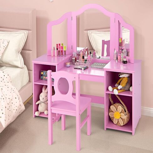 Kids Vanity, 2 in 1 Pink Wooden Dressing Table and Chair Set for Toddlers with Tri-Folding Detachable Mirror, Storage Shelves, Pretend Princess Beauty Make Up Play Set for Little Girls in Kuwait
