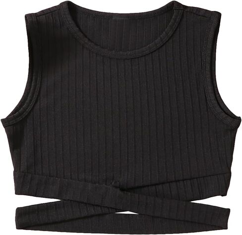 Girl's Sleeveless Criss Cross Ribbed Tank Top Casual Crewneck Slim Fit Crop Tops Tees in Saudi Arabia