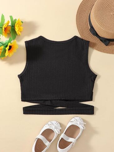 Girl's Sleeveless Criss Cross Ribbed Tank Top Casual Crewneck Slim Fit Crop Tops Tees in Saudi Arabia