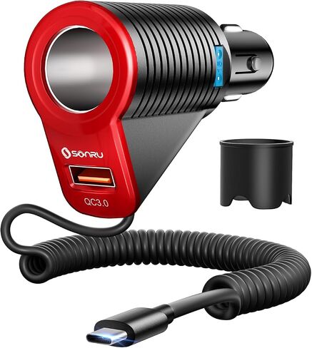 Cigarette Lighter Splitter, SONRU 120W Car Cigarette Lighter Adapter PD 30W & QC3.0 Fast Charge (6 FT Type-C Coiled Cable) 12V/24V Car Splitter Adapter for All Car Devices in Saudi Arabia