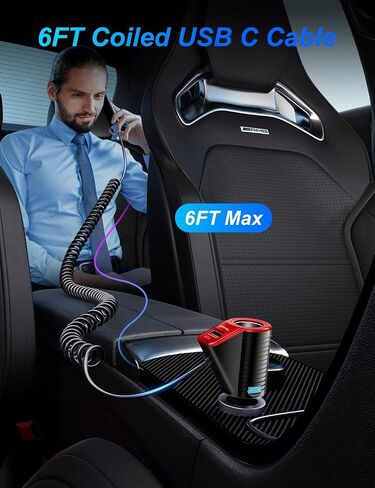 Cigarette Lighter Splitter, SONRU 120W Car Cigarette Lighter Adapter PD 30W & QC3.0 Fast Charge (6 FT Type-C Coiled Cable) 12V/24V Car Splitter Adapter for All Car Devices in Saudi Arabia