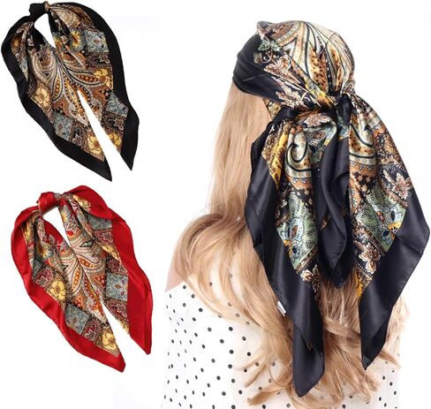 وشاح رأس حريري مربع كبير مقاس 81.28 سم، قطعتان من وشاح الشعر الناعم بملمس الساتان، زينة رائعة بطباعة ذهبية قديمة مناسبة للارتداء اليومي في الصيف والخريف والسفر (أسود وأحمر) in Kuwait