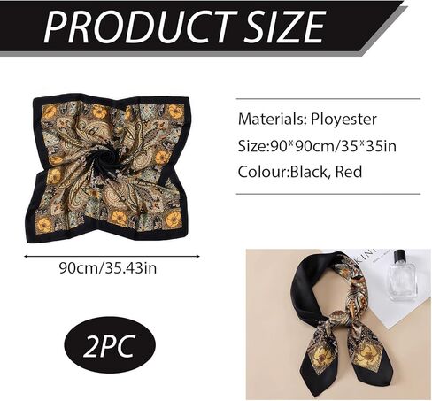 وشاح رأس حريري مربع كبير مقاس 81.28 سم، قطعتان من وشاح الشعر الناعم بملمس الساتان، زينة رائعة بطباعة ذهبية قديمة مناسبة للارتداء اليومي في الصيف والخريف والسفر (أسود وأحمر) in Kuwait