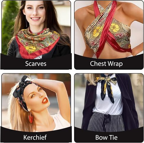 وشاح رأس حريري مربع كبير مقاس 81.28 سم، قطعتان من وشاح الشعر الناعم بملمس الساتان، زينة رائعة بطباعة ذهبية قديمة مناسبة للارتداء اليومي في الصيف والخريف والسفر (أسود وأحمر) in Kuwait