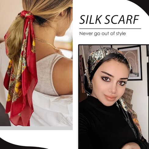 وشاح رأس حريري مربع كبير مقاس 81.28 سم، قطعتان من وشاح الشعر الناعم بملمس الساتان، زينة رائعة بطباعة ذهبية قديمة مناسبة للارتداء اليومي في الصيف والخريف والسفر (أسود وأحمر) in Kuwait
