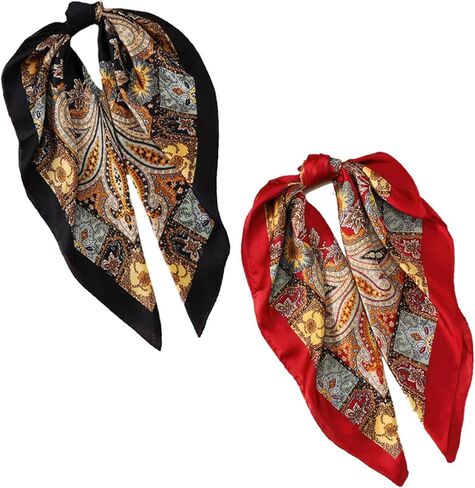 وشاح رأس حريري مربع كبير مقاس 81.28 سم، قطعتان من وشاح الشعر الناعم بملمس الساتان، زينة رائعة بطباعة ذهبية قديمة مناسبة للارتداء اليومي في الصيف والخريف والسفر (أسود وأحمر) in Kuwait
