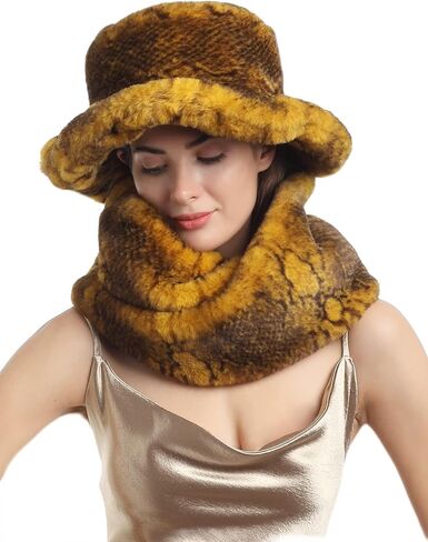 مجموعة قبعة ووشاح دلو من الفرو الصناعي من جلد الثعبان للسيدات من LA CARRIE مكونة من قطعتين باللون الأصفر للشتاء الدافئ in Kuwait