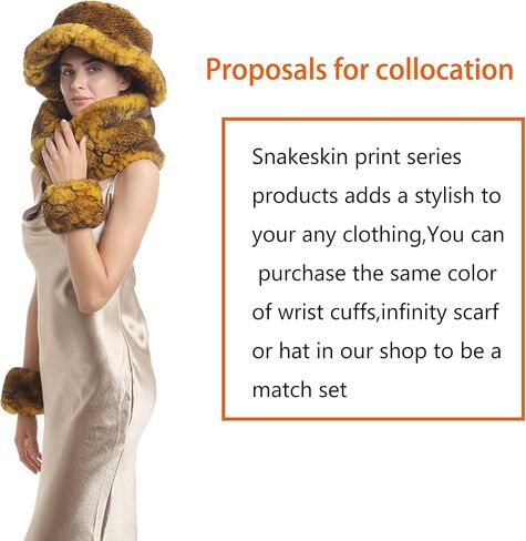 مجموعة قبعة ووشاح دلو من الفرو الصناعي من جلد الثعبان للسيدات من LA CARRIE مكونة من قطعتين باللون الأصفر للشتاء الدافئ in Kuwait