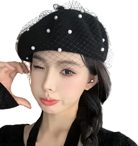 Berets Hat with Pearl French Beret Hats for Women Beret with Mesh Solid Color Hat for Winter Gift for Women in Kuwait