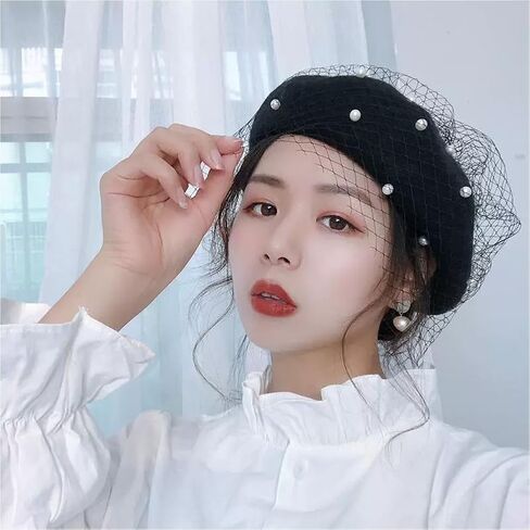 Berets Hat with Pearl French Beret Hats for Women Beret with Mesh Solid Color Hat for Winter Gift for Women in Kuwait