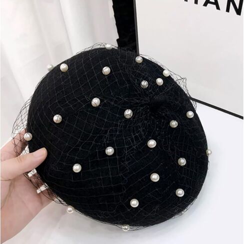 Berets Hat with Pearl French Beret Hats for Women Beret with Mesh Solid Color Hat for Winter Gift for Women in Kuwait
