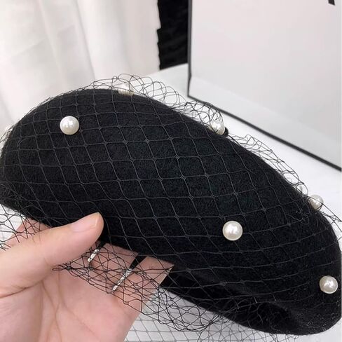 Berets Hat with Pearl French Beret Hats for Women Beret with Mesh Solid Color Hat for Winter Gift for Women in Kuwait